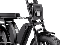 Heybike Saturn moped-style commuter e-bike: 52V 1000W continuous / 1800W peak hub motor, 95 Nm torque, single or dual-battery configuration, hydraulic disc brakes, full suspension with 140 mm front travel, turn signals, TFT color display, UL 2849 certified