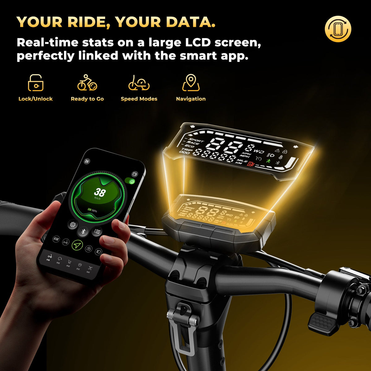 GT4 color display and isinwheel Club app showing ride controls and status data
