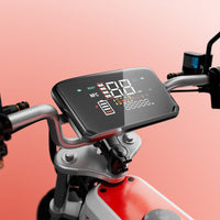 iScooter DX5Pro handlebar display close-up showing speed, battery, ride mode, and status icons above the red-and-white stem.