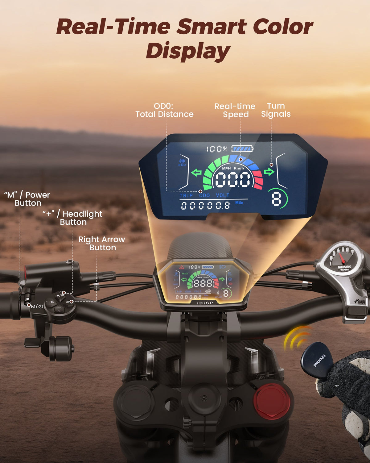 isinwheel R8 smart color display graphic showing speed, battery status, trip data, turn signal, and riding icons.