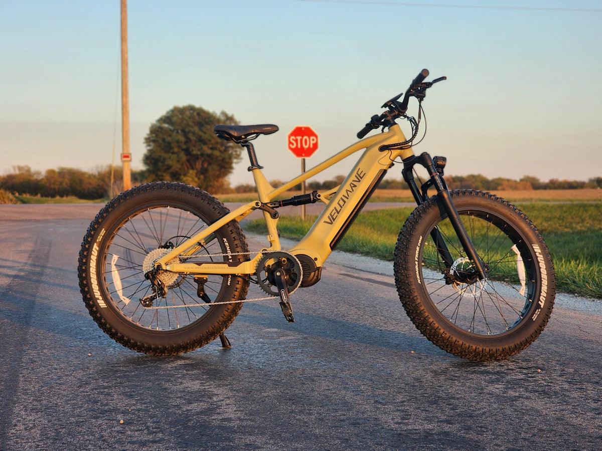 Olive Green Brawny XM parked beside a road at sunset with a stop sign behind it
