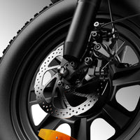 Front mechanical disc brake and cast wheel in close detail