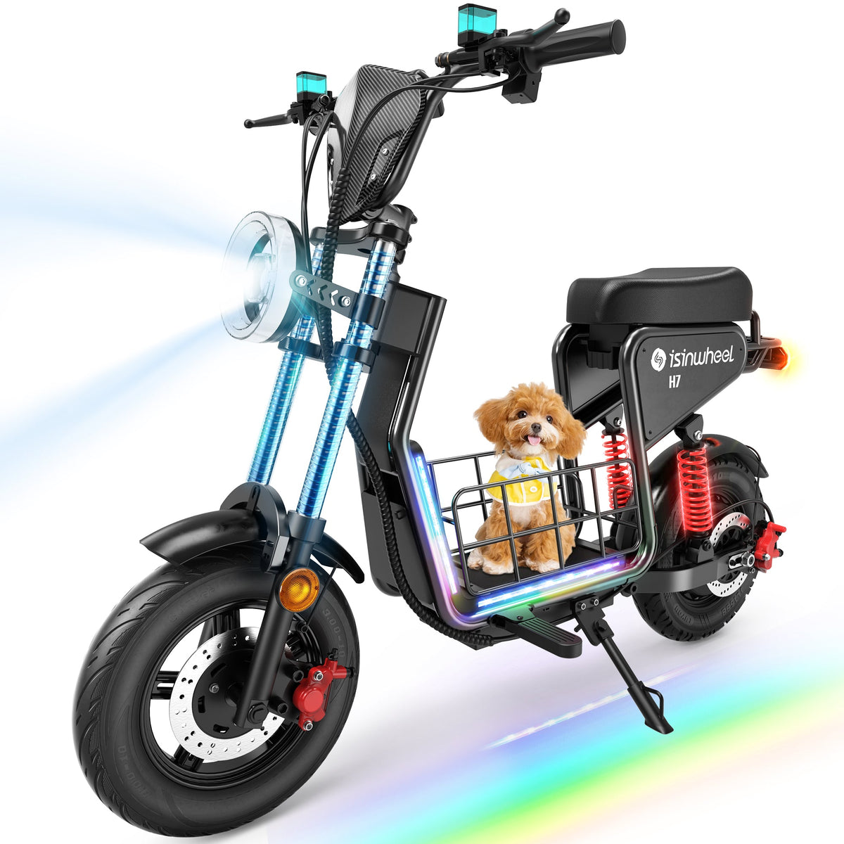 Gray isinwheel H7 with a small dog in the center basket and colorful lighting under the frame