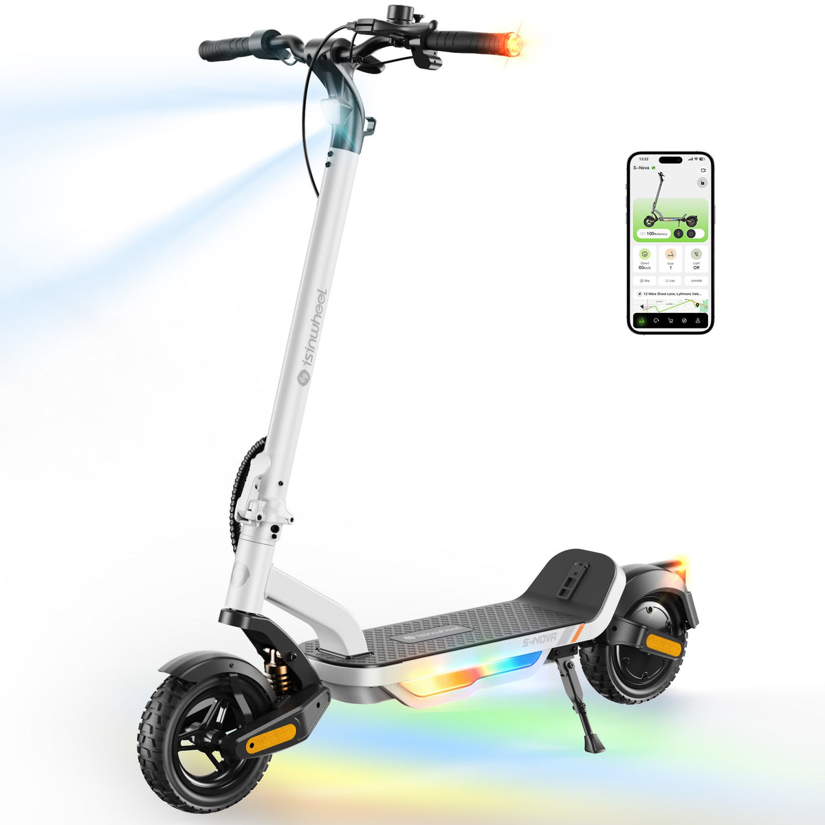 White isinwheel S Nova with the headlight beam projecting forward, illuminated handlebar grips, and active ambient deck lighting, shown beside the isinwheel Club app