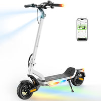 White isinwheel S Nova with the headlight beam projecting forward, illuminated handlebar grips, and active ambient deck lighting, shown beside the isinwheel Club app