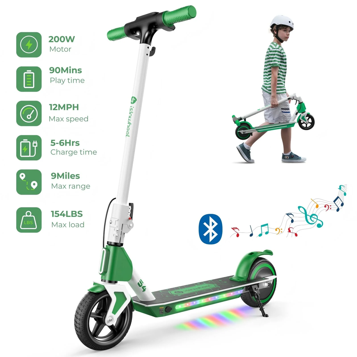 Green isinwheel S4 kids scooter with rider and published specifications