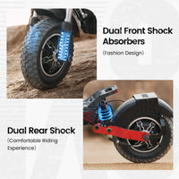 iScooter iX8 off-road dual-motor electric scooter with 12-inch off-road pneumatic tires, dual front and rear suspension, dual hydraulic disc brakes with EBAS rear anti-lock, full-color LCD, and a 38 mph top-speed claim