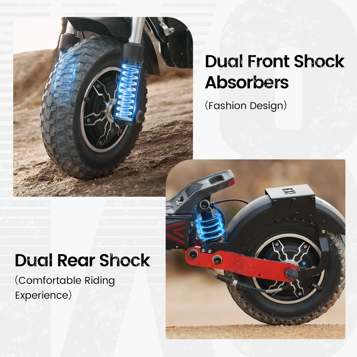 iScooter iX8 off-road dual-motor electric scooter with 12-inch off-road pneumatic tires, dual front and rear suspension, dual hydraulic disc brakes with EBAS rear anti-lock, full-color LCD, and a 38 mph top-speed claim