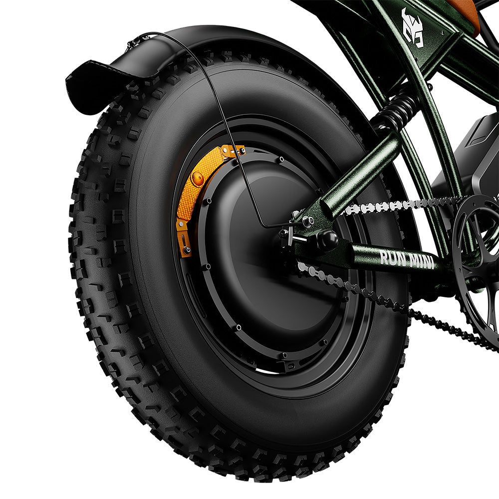 Rear hub motor and wide fat tire on the green Run Mini