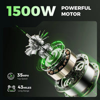 H7 1500W motor graphic with the manufacturer 35 mph speed and 43-mile range claims