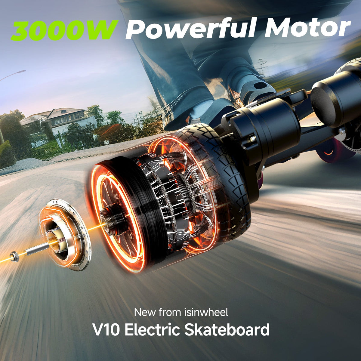 isinwheel V10 3000W motor feature graphic with a cutaway view of the dual belt-drive hub motor in glowing orange detail and a rider riding the V10 down a suburban street in motion blur