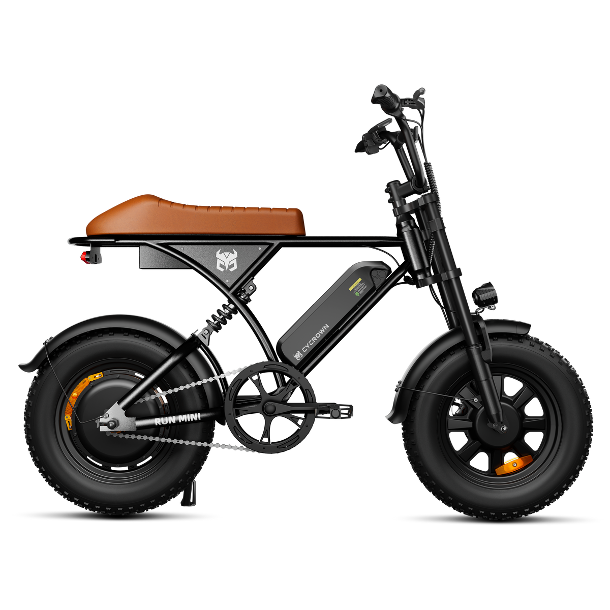 Black Run Mini moped-style e-bike with brown saddle shown from the side