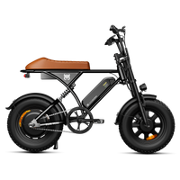 Black Run Mini moped-style e-bike with brown saddle shown from the side