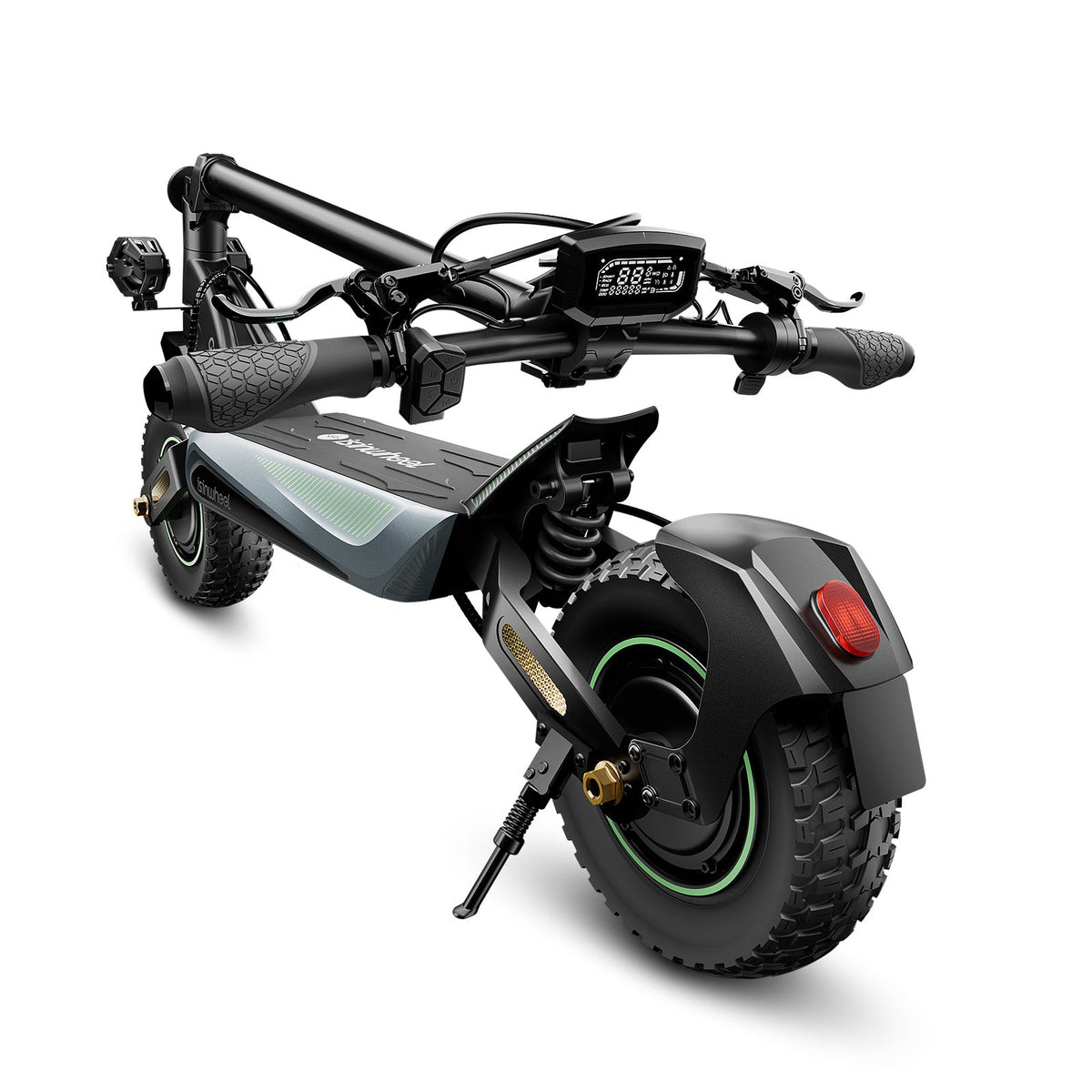 GT4 handlebar controls, display, stem, folding latch, and rear fender close-up