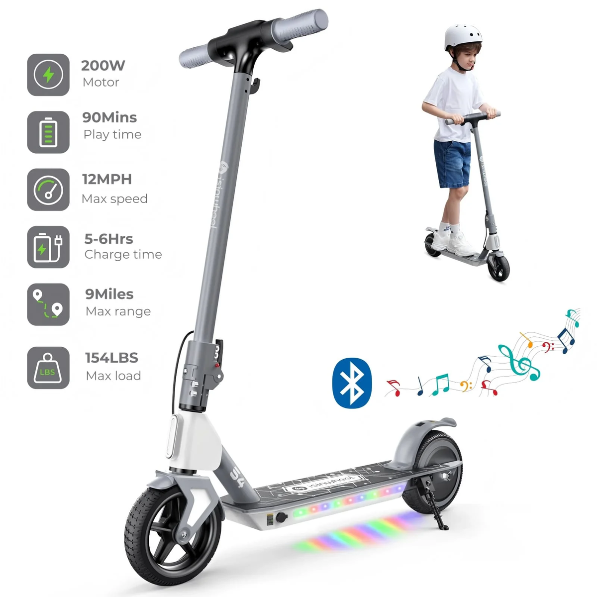 Gray isinwheel S4 kids scooter with 200W motor, 12 mph speed, and 9-mile range claims