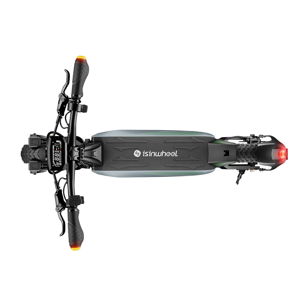 Top view of the folded isinwheel GT4 handlebar, stem, deck, and rear wheel