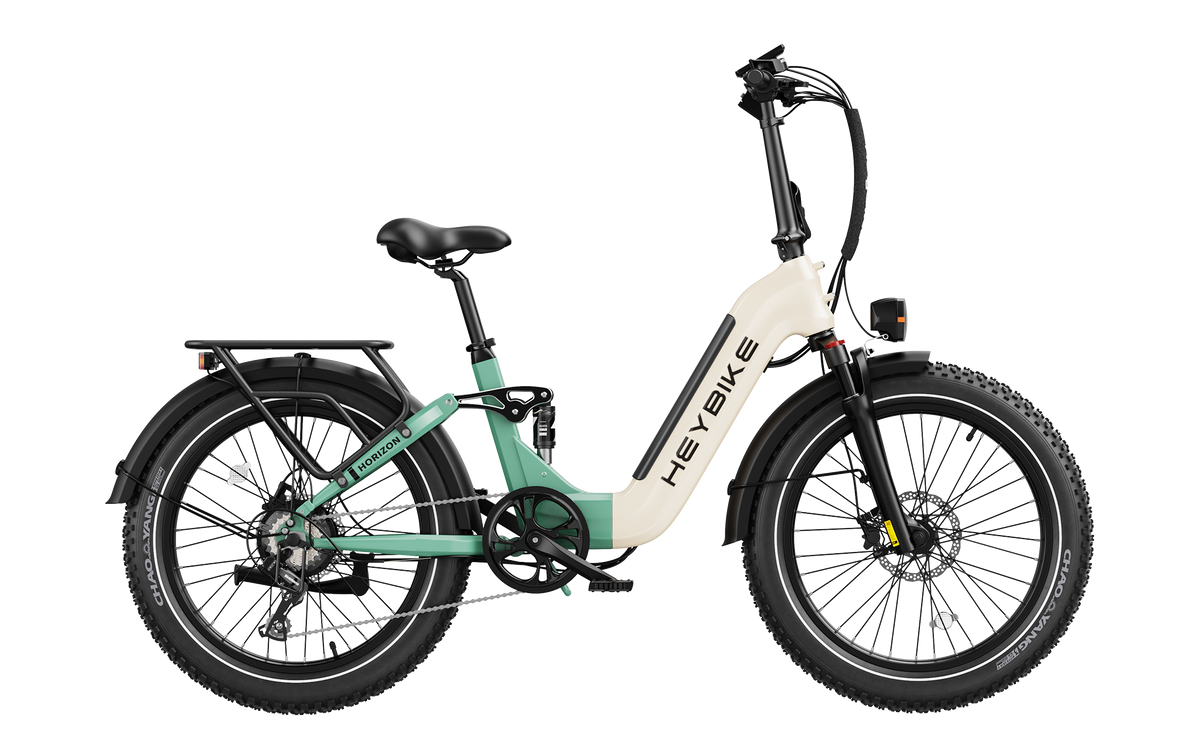 Heybike Horizon 24-inch full-suspension folding fat-tire e-bike: 750W (1400W peak) rear hub motor, 692Wh battery, 24x4 fat tires, hydraulic disc brakes, Shimano 7-speed, aluminum-alloy low-step folding frame, UL 2849 certified, four color options