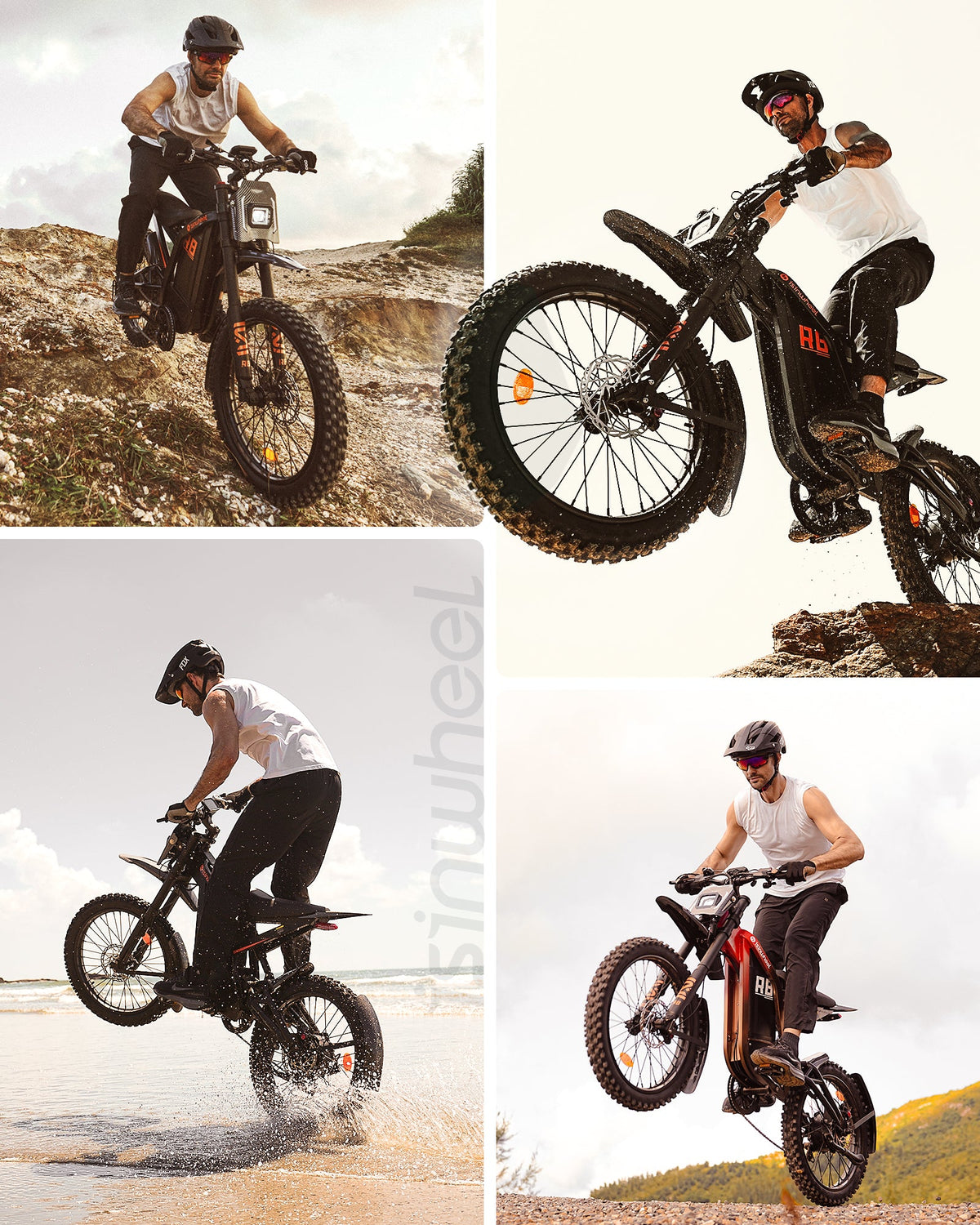 Collage of the isinwheel R8 being ridden on desert terrain, pavement, and light off-road surfaces.