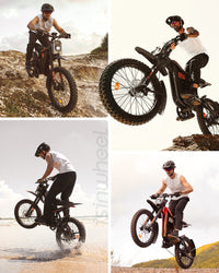 Collage of the isinwheel R8 being ridden on desert terrain, pavement, and light off-road surfaces.