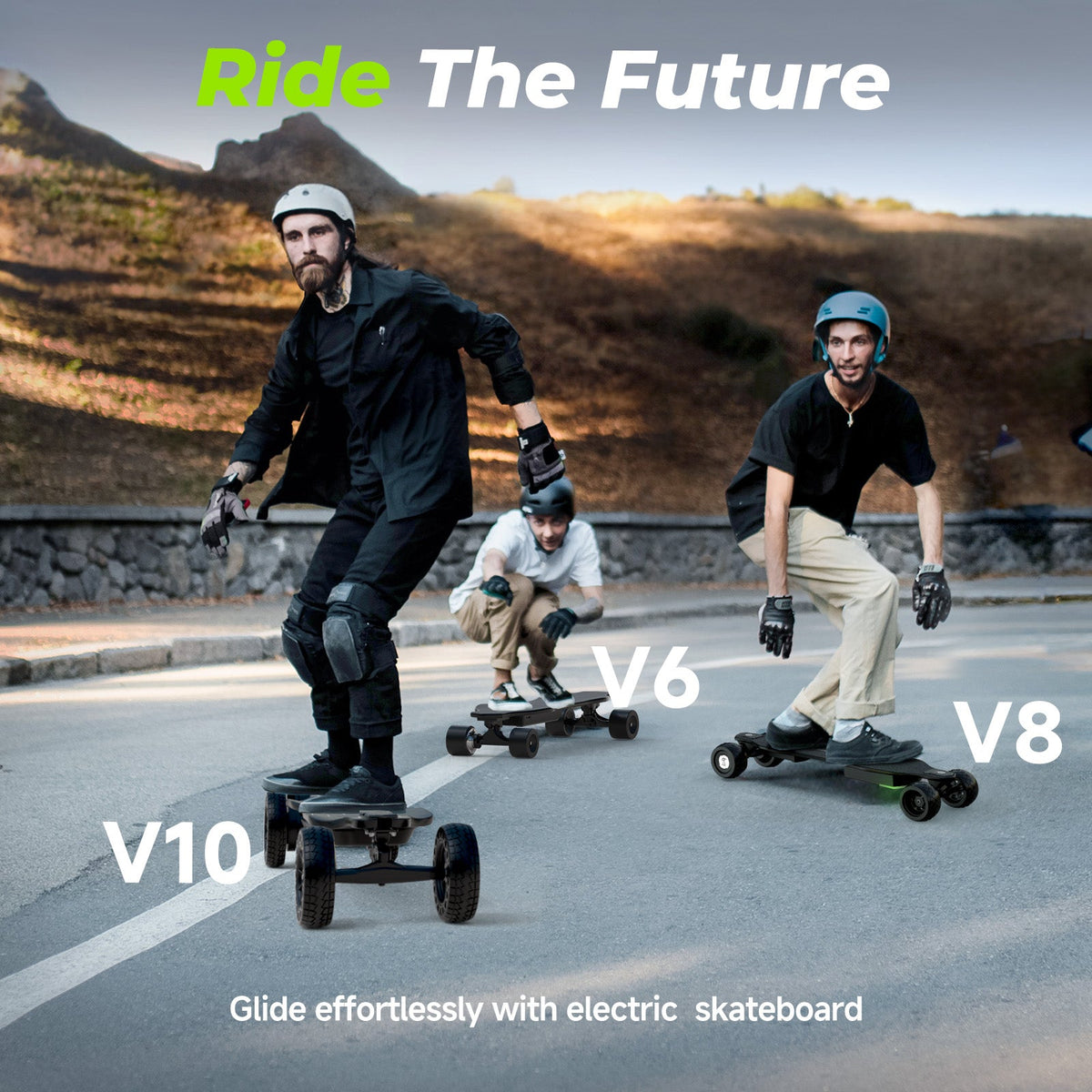Lifestyle composite showing three riders on isinwheel electric skateboards labeled V10, V6, and V8 on a paved hilltop road