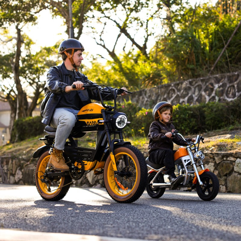 HappyRun Pulse 11 kids electric motorcycle ages 5-12: 180W hub motor, twist throttle, 3 speed levels to 10 mph, steel frame, pneumatic fat tires, LED headlight