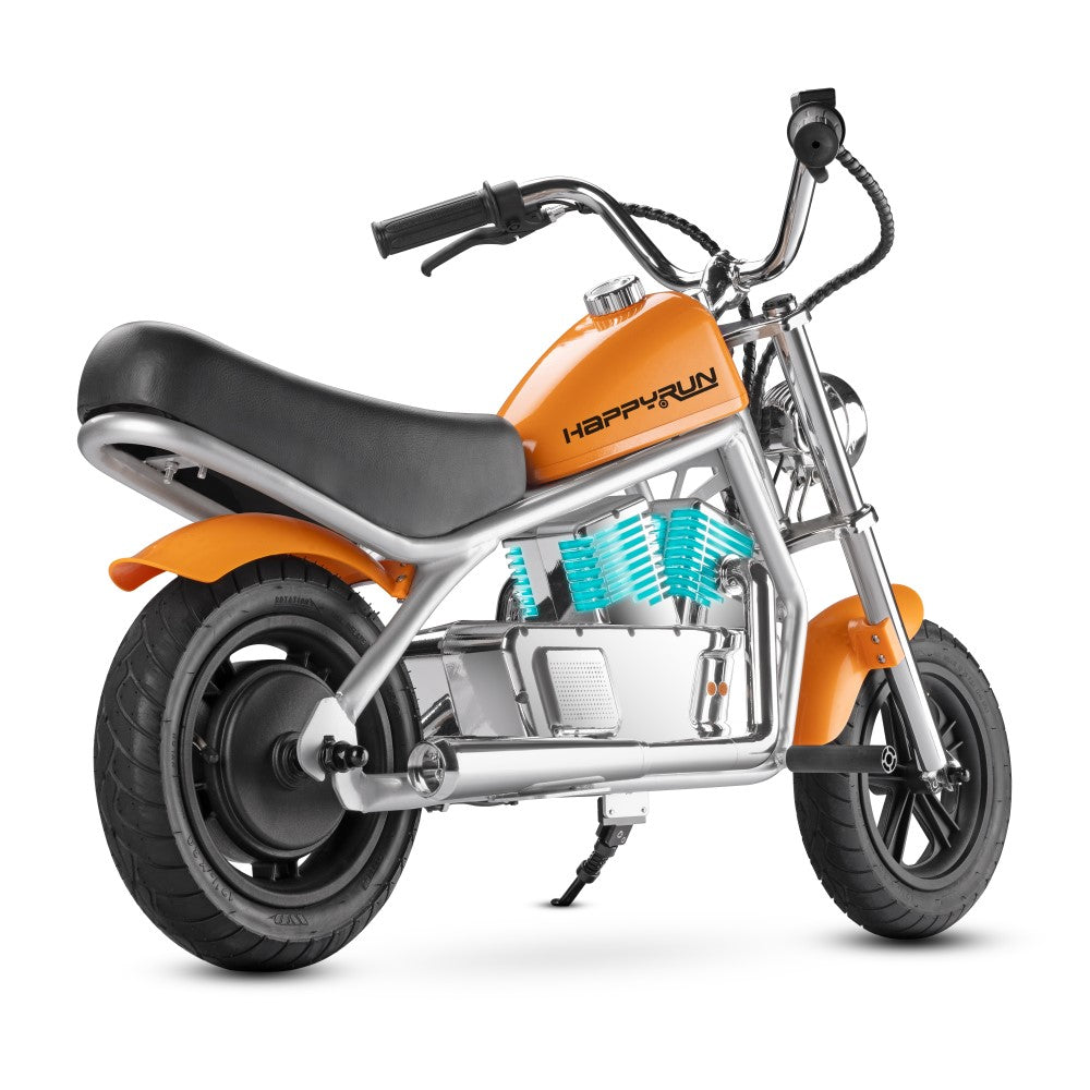 HappyRun Pulse 11 kids electric motorcycle ages 5-12: 180W hub motor, twist throttle, 3 speed levels to 10 mph, steel frame, pneumatic fat tires, LED headlight