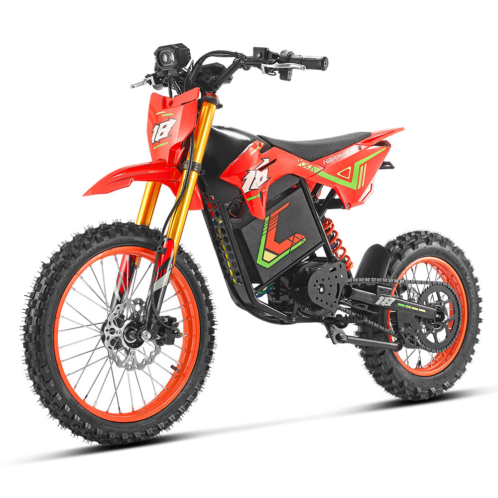 HappyRun F18 2.0 mid-drive off-road electric dirt bike: 60V 6000W peak mid-drive motor, 245 Nm torque, 46 mph top speed, 1800Wh battery, hydraulic disc brakes, full suspension, 26.5-inch seat, 2.0-gen features (reverse, NFC unlock, magnetic safety)