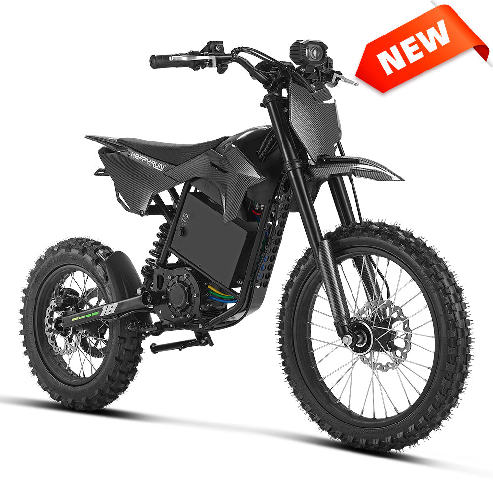 HappyRun F18 2.0 mid-drive off-road electric dirt bike: 60V 6000W peak mid-drive motor, 245 Nm torque, 46 mph top speed, 1800Wh battery, hydraulic disc brakes, full suspension, 26.5-inch seat, 2.0-gen features (reverse, NFC unlock, magnetic safety)