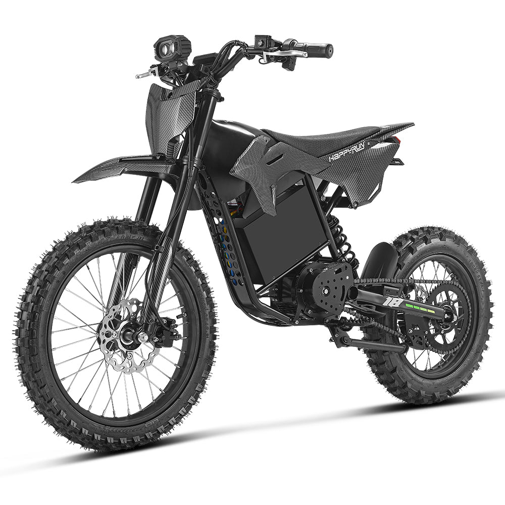 HappyRun F18 2.0 mid-drive off-road electric dirt bike: 60V 6000W peak mid-drive motor, 245 Nm torque, 46 mph top speed, 1800Wh battery, hydraulic disc brakes, full suspension, 26.5-inch seat, 2.0-gen features (reverse, NFC unlock, magnetic safety)