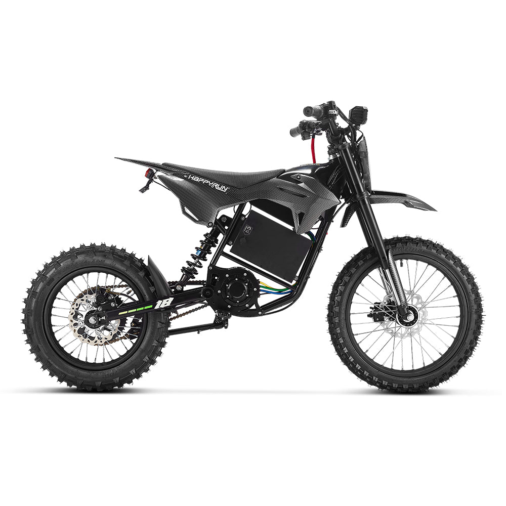 HappyRun F18 2.0 mid-drive off-road electric dirt bike: 60V 6000W peak mid-drive motor, 245 Nm torque, 46 mph top speed, 1800Wh battery, hydraulic disc brakes, full suspension, 26.5-inch seat, 2.0-gen features (reverse, NFC unlock, magnetic safety)