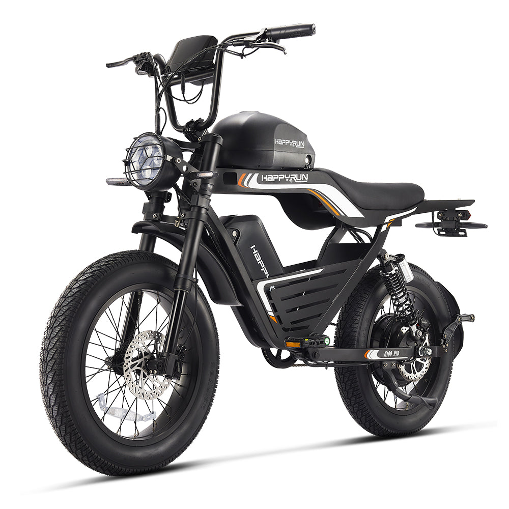 Front three-quarter studio view of the black HappyRun G100 Pro Tank showing the round caged LED headlight, motorcycle-style handlebar, NFC speedometer console, adjustable front suspension fork, hydraulic front disc brake, and 20 by 4 inch road tires