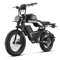 Front three-quarter studio view of the black HappyRun G100 Pro Tank showing the round caged LED headlight, motorcycle-style handlebar, NFC speedometer console, adjustable front suspension fork, hydraulic front disc brake, and 20 by 4 inch road tires