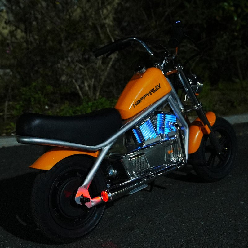 HappyRun Pulse 11 kids electric motorcycle ages 5-12: 180W hub motor, twist throttle, 3 speed levels to 10 mph, steel frame, pneumatic fat tires, LED headlight