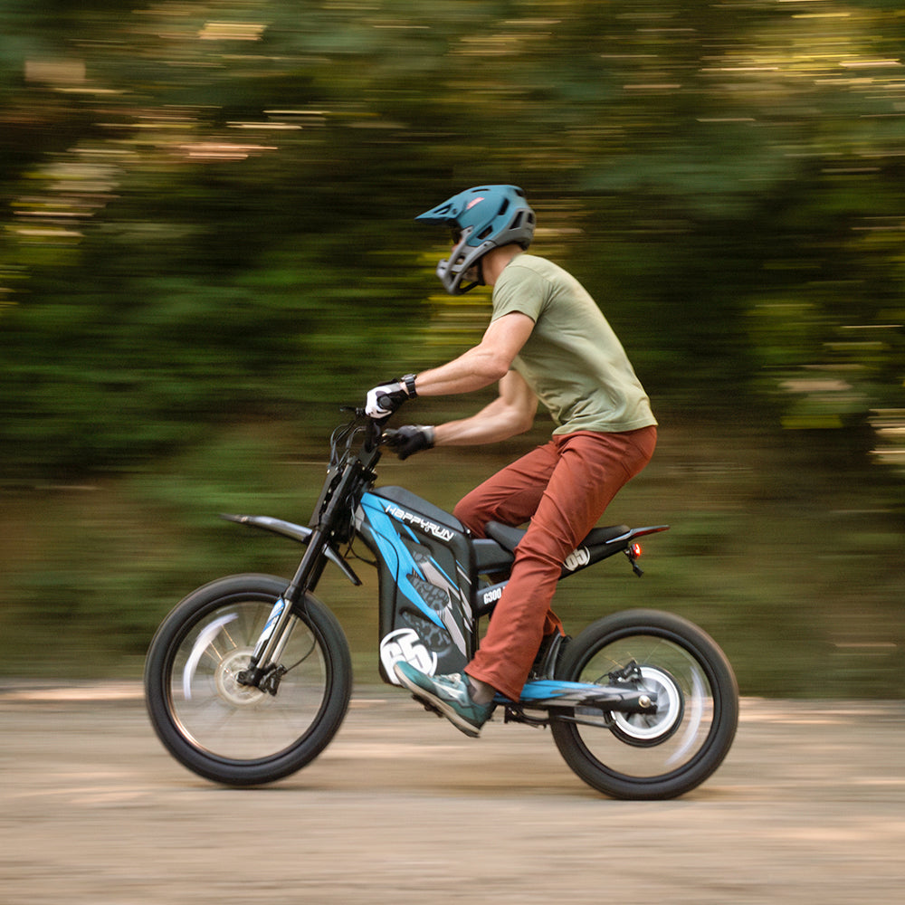 HappyRun G300 Pro 6500W peak motocross-format electric dirt bike: 50 mph top speed, 72V 30Ah battery, hydraulic 180/203mm disc brakes, inverted front fork, carbon steel frame, motocross-format tires, IPX5, off-road use only