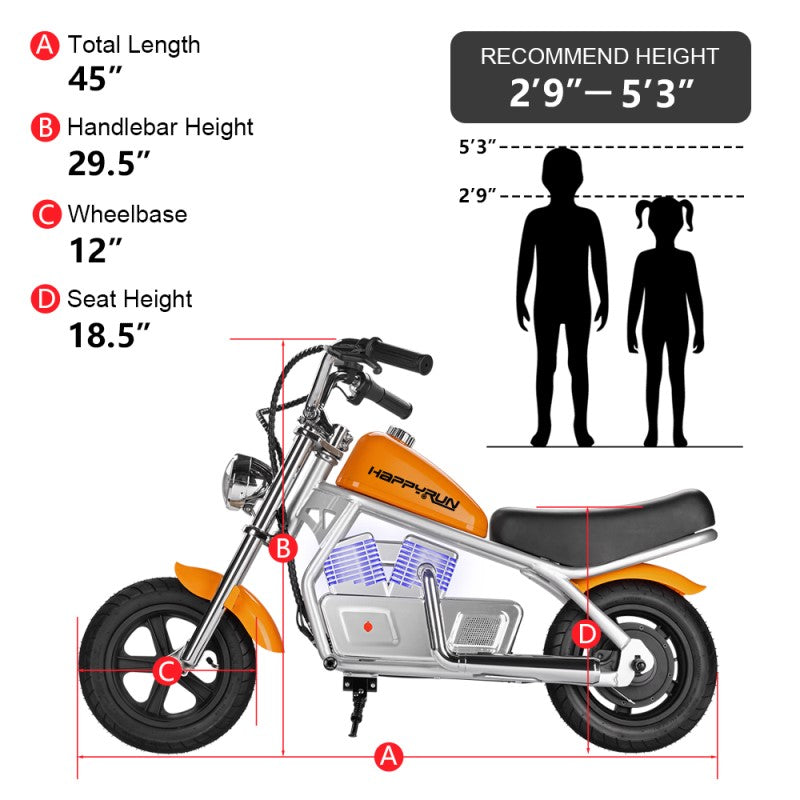 HappyRun Pulse 11 kids electric motorcycle ages 5-12: 180W hub motor, twist throttle, 3 speed levels to 10 mph, steel frame, pneumatic fat tires, LED headlight