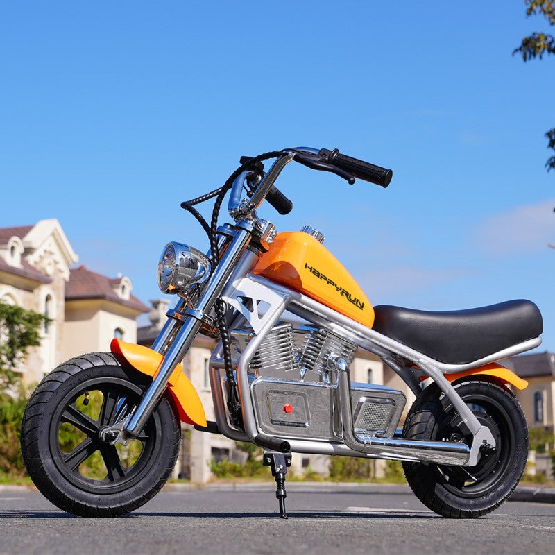 HappyRun Pulse 11 kids electric motorcycle ages 5-12: 180W hub motor, twist throttle, 3 speed levels to 10 mph, steel frame, pneumatic fat tires, LED headlight