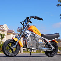 HappyRun Pulse 11 kids electric motorcycle ages 5-12: 180W hub motor, twist throttle, 3 speed levels to 10 mph, steel frame, pneumatic fat tires, LED headlight