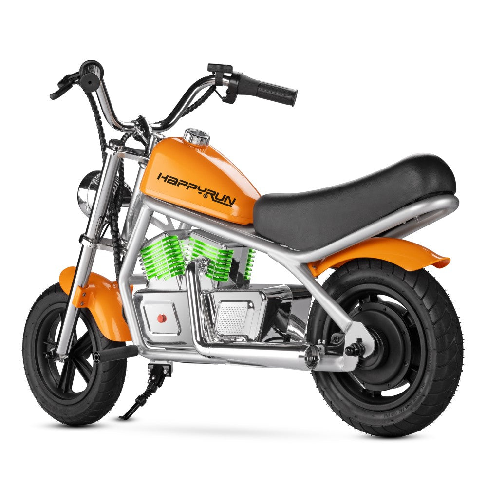HappyRun Pulse 11 kids electric motorcycle ages 5-12: 180W hub motor, twist throttle, 3 speed levels to 10 mph, steel frame, pneumatic fat tires, LED headlight