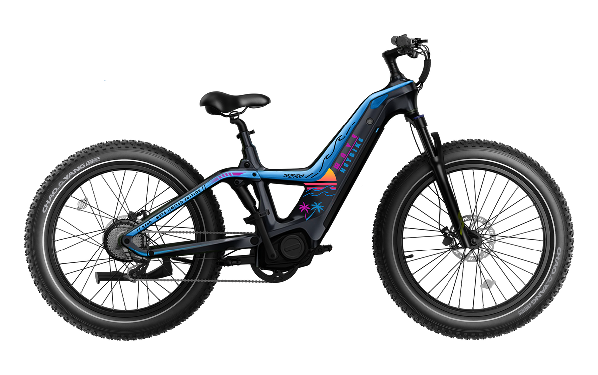 Heybike Hero carbon-fiber full-suspension fat-tire electric mountain bike with two motor configurations (1000W rear hub or 750W mid-drive with torque sensor), step-thru or step-over frame geometry, Shimano 9-speed gearing, hydraulic disc brakes, and UL 2849 certified electrical system