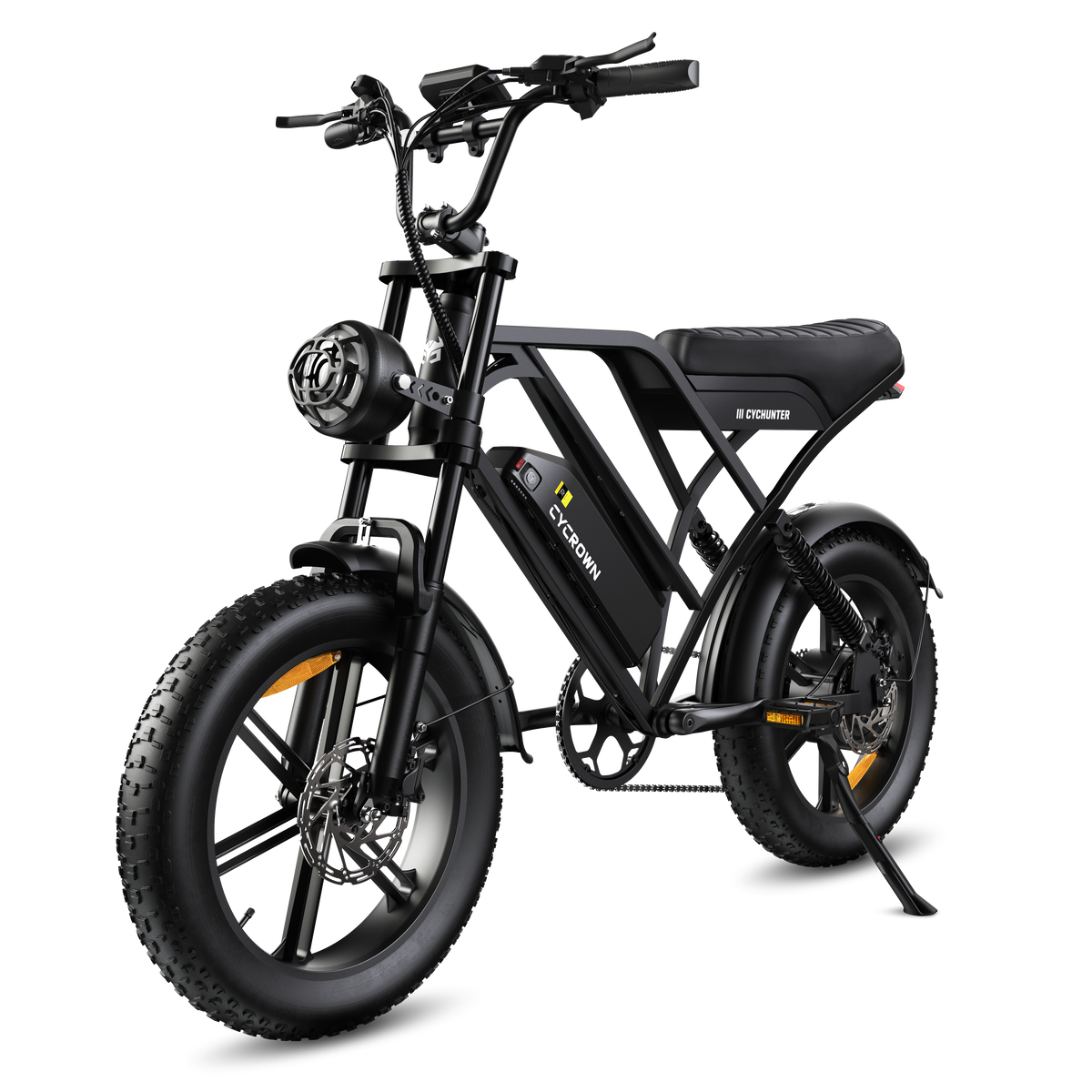 Front three-quarter view of the black CycHunter 2.0 and wide headlight