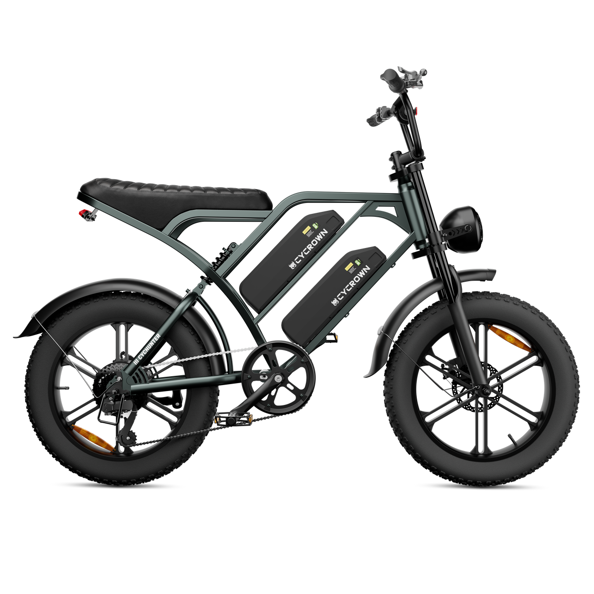 Black dual-battery CycHunter with brown saddle, shown from the side