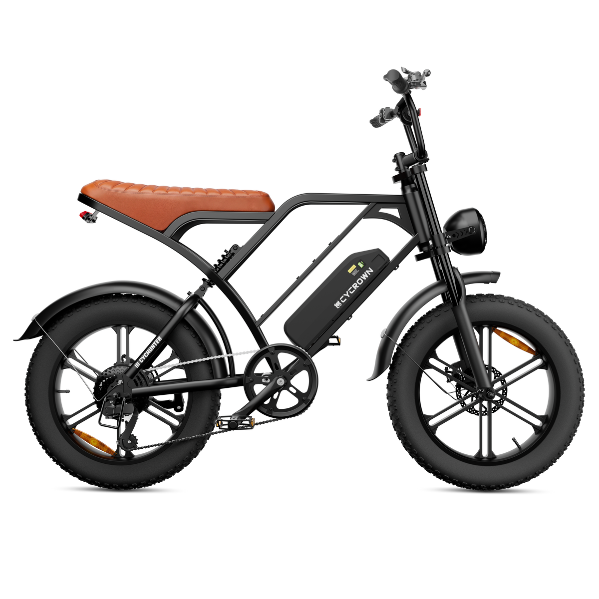 Black CycHunter with brown saddle and dual batteries, side profile