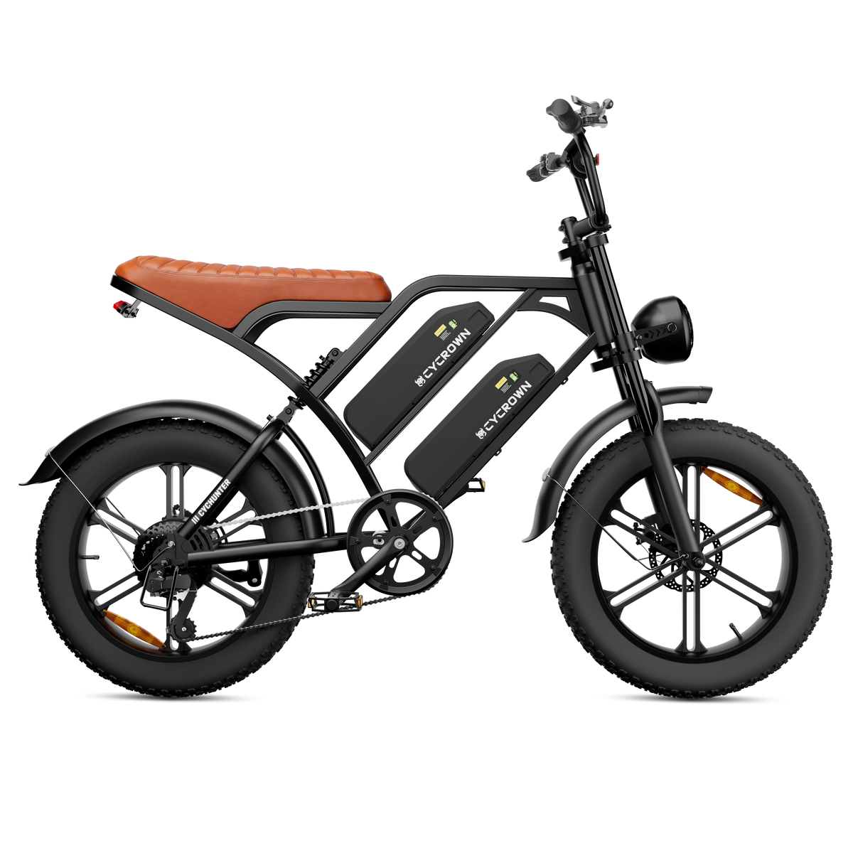 Black CycHunter with dual batteries and a brown bench saddle, side view