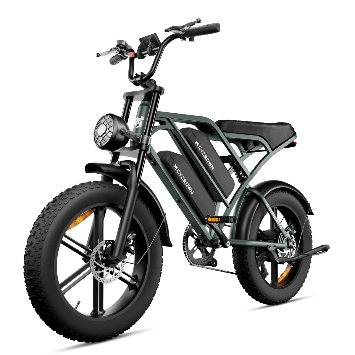 Front angle of the black CycHunter with its two frame batteries