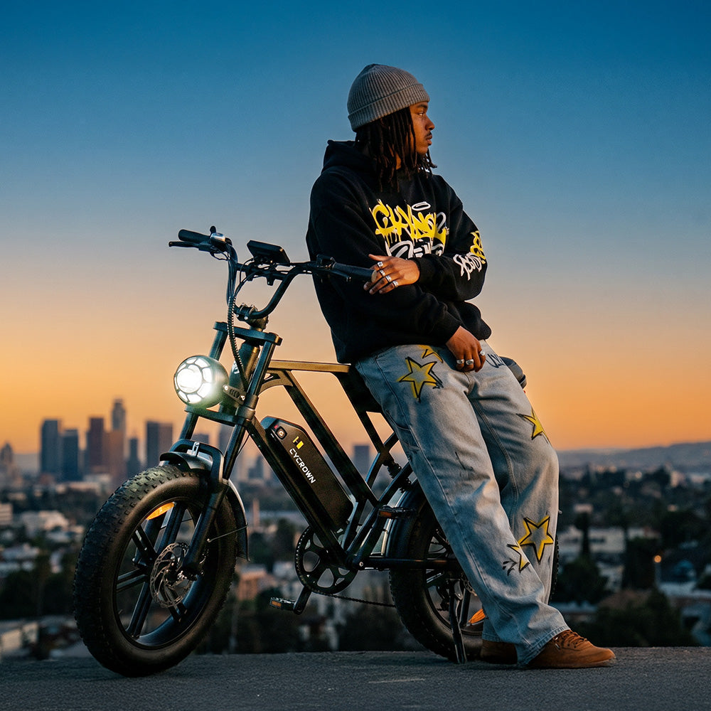 Rider sitting on a CycHunter 2.0 against a sunset skyline