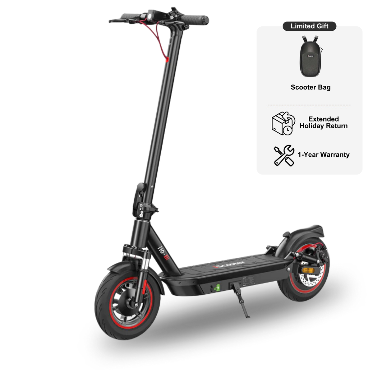 iScooter i10 mid-tier folding commuter electric scooter: 42V peak 650W brushless motor, 25 mph, 4 speed modes, 10-inch pneumatic tires, EBAS front brake plus rear disc, front and rear suspension, IP54, iScooter app, 44 lb net, 264 lb max load