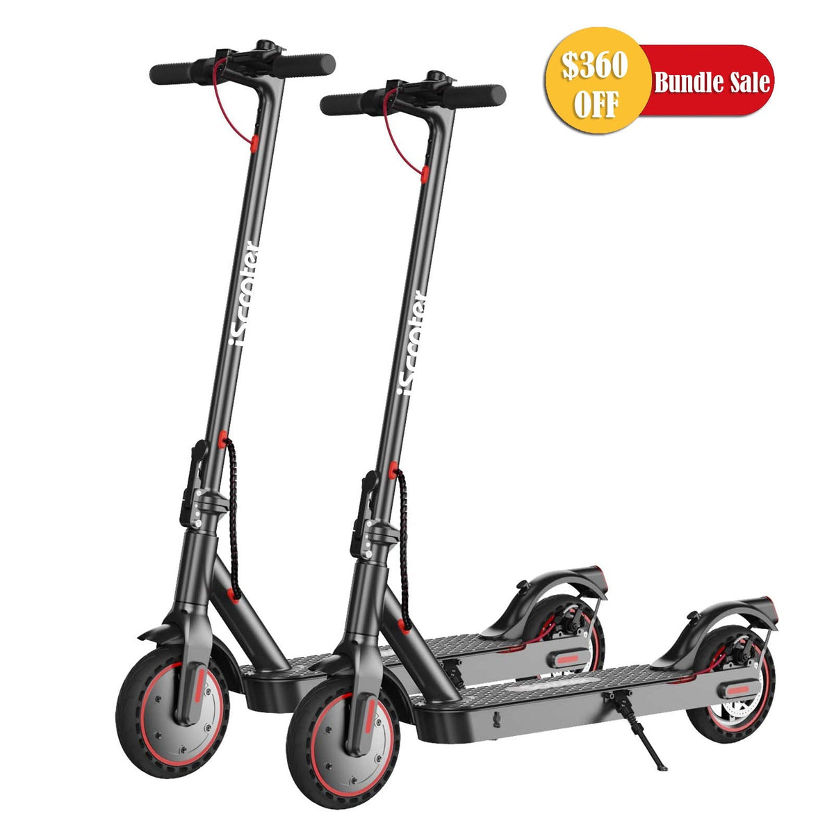 Two iScooter i9 scooters shown upright in studio, highlighting the slim folding stem and compact commuter footprint.