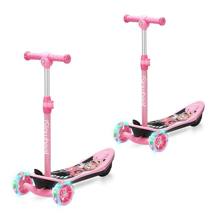 isinwheel Long Range 3-wheel kids electric scooter shown with the multi-color LED flashing wheels and the cartoon deck graphic, available in pink or blue with sibling-pair combo options