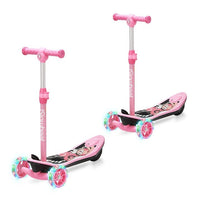 isinwheel Long Range 3-wheel kids electric scooter shown with the multi-color LED flashing wheels and the cartoon deck graphic, available in pink or blue with sibling-pair combo options