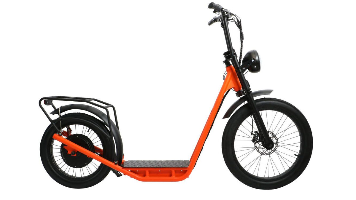 Orange EUNORAU JUMBO left-side profile with standing deck, rear rack and large tires